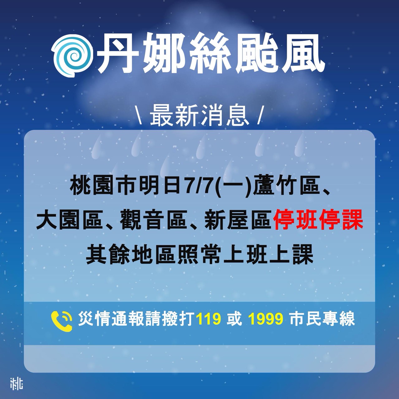 【轉知桃園市政府公告】因應丹娜絲颱風來襲，明日7/7日(一)觀音地區停班停課一日。