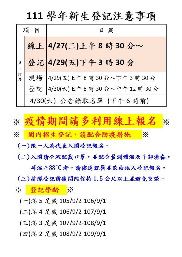 【招生公告】111學年新生登記報名注意事項